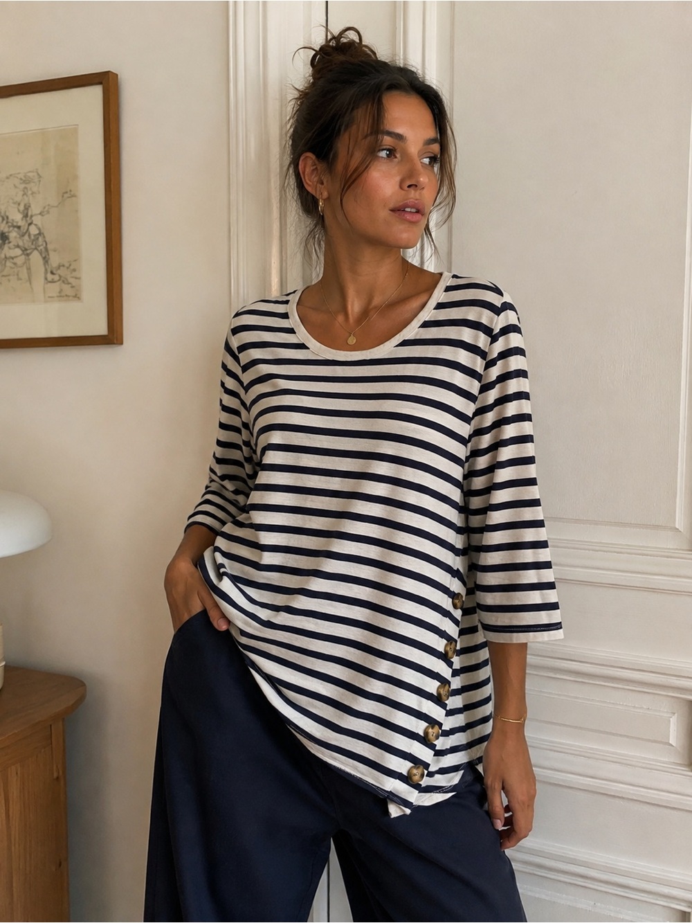 Retrology Navy Cream Breton Stripe Linen Blend Asymmetrical Tunic Top 2X